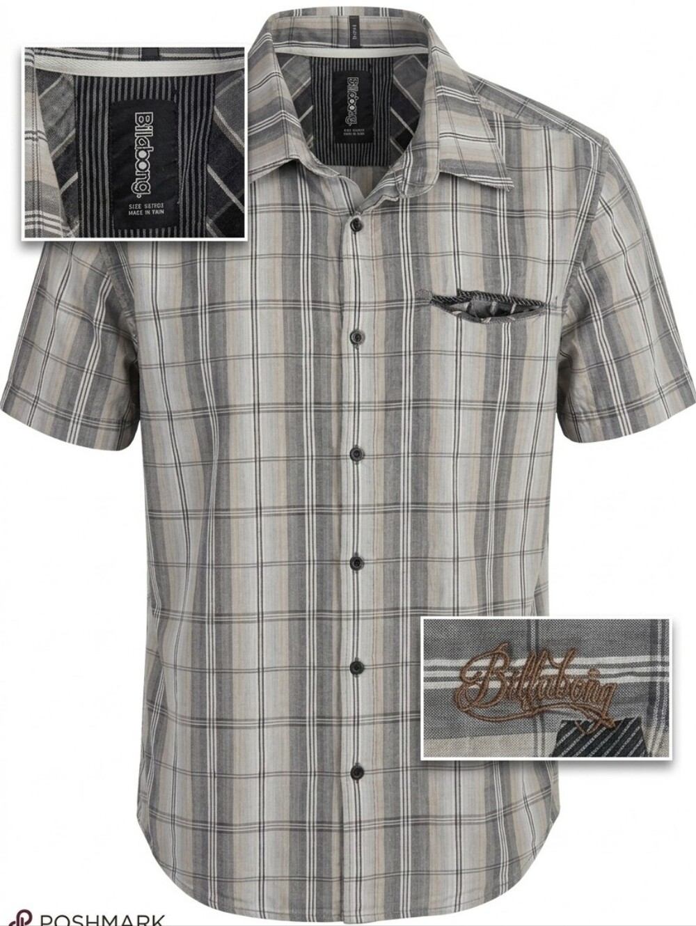 Vintage Billabong 100% Cotton Plaid Button Down - Gray/Beige - Medium